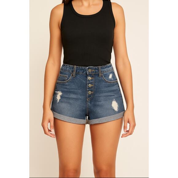 Forever 21 Womens Distressed Denim Shorts Size 29 Button Fly Cuffed Jean - Picture 1 of 9